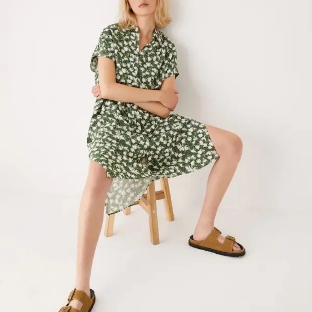 FRANK & OAK The Persimmon Print Green & White Linen & Tencel Midi Dress Sz Large